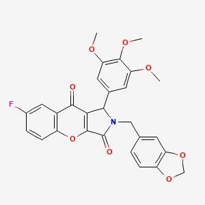 molecular formula C28H22FNO8 B11578553 2-(1,3-Benzodioxol-5-ylmethyl)-7-fluoro-1-(3,4,5-trimethoxyphenyl)-1,2-dihydrochromeno[2,3-c]pyrrole-3,9-dione 