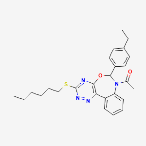 molecular formula C26H30N4O2S B11578563 1-[6-(4-ethylphenyl)-3-(hexylsulfanyl)[1,2,4]triazino[5,6-d][3,1]benzoxazepin-7(6H)-yl]ethanone 