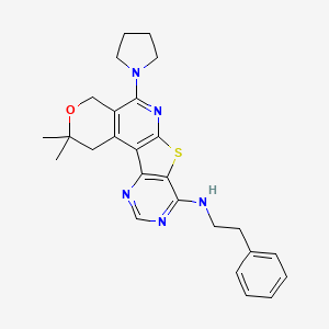 molecular formula C26H29N5OS B11578597 4,4-dimethyl-N-(2-phenylethyl)-8-pyrrolidin-1-yl-5-oxa-11-thia-9,14,16-triazatetracyclo[8.7.0.02,7.012,17]heptadeca-1(10),2(7),8,12(17),13,15-hexaen-13-amine 