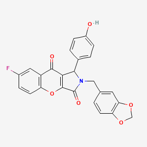 molecular formula C25H16FNO6 B11578611 2-(1,3-Benzodioxol-5-ylmethyl)-7-fluoro-1-(4-hydroxyphenyl)-1,2-dihydrochromeno[2,3-c]pyrrole-3,9-dione 