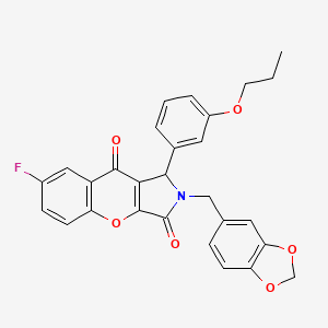 molecular formula C28H22FNO6 B11578639 2-(1,3-Benzodioxol-5-ylmethyl)-7-fluoro-1-(3-propoxyphenyl)-1,2-dihydrochromeno[2,3-c]pyrrole-3,9-dione 