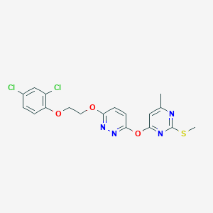 molecular formula C18H16Cl2N4O3S B11578766 3-[2-(2,4-Dichlorophenoxy)ethoxy]-6-{[6-methyl-2-(methylsulfanyl)pyrimidin-4-yl]oxy}pyridazine 