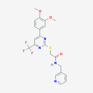 molecular formula C21H19F3N4O3S B11578819 2-{[4-(3,4-dimethoxyphenyl)-6-(trifluoromethyl)pyrimidin-2-yl]sulfanyl}-N-(pyridin-3-ylmethyl)acetamide 