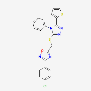 molecular formula C21H14ClN5OS2 B11578935 3-(4-chlorophenyl)-5-({[4-phenyl-5-(thiophen-2-yl)-4H-1,2,4-triazol-3-yl]sulfanyl}methyl)-1,2,4-oxadiazole 