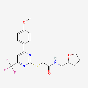 molecular formula C19H20F3N3O3S B11579109 2-{[4-(4-methoxyphenyl)-6-(trifluoromethyl)pyrimidin-2-yl]sulfanyl}-N-(tetrahydrofuran-2-ylmethyl)acetamide 