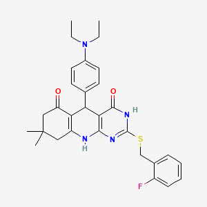 molecular formula C30H33FN4O2S B11579298 5-[4-(Diethylamino)phenyl]-2-{[(2-fluorophenyl)methyl]sulfanyl}-8,8-dimethyl-3H,4H,5H,6H,7H,8H,9H,10H-pyrimido[4,5-B]quinoline-4,6-dione 