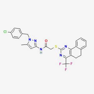 molecular formula C26H21ClF3N5OS B11579604 N-[1-(4-chlorobenzyl)-5-methyl-1H-pyrazol-3-yl]-2-{[4-(trifluoromethyl)-5,6-dihydrobenzo[h]quinazolin-2-yl]sulfanyl}acetamide 