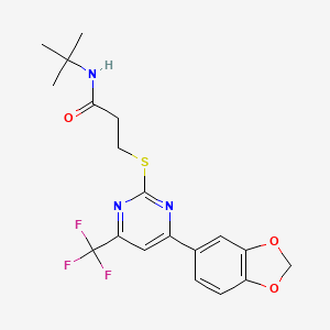 molecular formula C19H20F3N3O3S B11579728 3-{[4-(1,3-benzodioxol-5-yl)-6-(trifluoromethyl)pyrimidin-2-yl]sulfanyl}-N-tert-butylpropanamide 