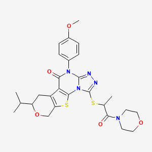 molecular formula C27H31N5O5S2 B11580225 7-(4-methoxyphenyl)-3-(1-morpholin-4-yl-1-oxopropan-2-yl)sulfanyl-12-propan-2-yl-13-oxa-16-thia-2,4,5,7-tetrazatetracyclo[7.7.0.02,6.010,15]hexadeca-1(9),3,5,10(15)-tetraen-8-one 