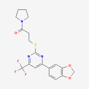 molecular formula C19H18F3N3O3S B11581716 3-{[4-(1,3-Benzodioxol-5-yl)-6-(trifluoromethyl)pyrimidin-2-yl]sulfanyl}-1-(pyrrolidin-1-yl)propan-1-one 