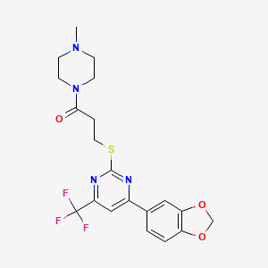 3-{[4-(1,3-Benzodioxol-5-yl)-6-(trifluoromethyl)pyrimidin-2-yl]sulfanyl}-1-(4-methylpiperazin-1-yl)propan-1-one