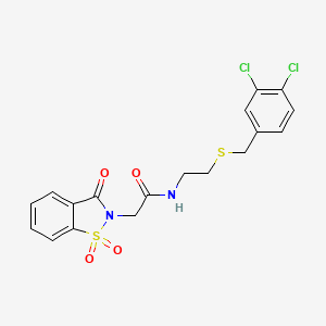 molecular formula C18H16Cl2N2O4S2 B11581890 N-{2-[(3,4-dichlorobenzyl)sulfanyl]ethyl}-2-(1,1-dioxido-3-oxo-1,2-benzothiazol-2(3H)-yl)acetamide 