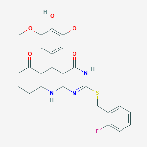 molecular formula C26H24FN3O5S B11581936 2-{[(2-Fluorophenyl)methyl]sulfanyl}-5-(4-hydroxy-3,5-dimethoxyphenyl)-3H,4H,5H,6H,7H,8H,9H,10H-pyrimido[4,5-B]quinoline-4,6-dione 