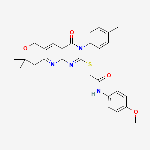 molecular formula C28H28N4O4S B11582378 2-[[13,13-dimethyl-6-(4-methylphenyl)-7-oxo-12-oxa-2,4,6-triazatricyclo[8.4.0.03,8]tetradeca-1,3(8),4,9-tetraen-5-yl]sulfanyl]-N-(4-methoxyphenyl)acetamide 