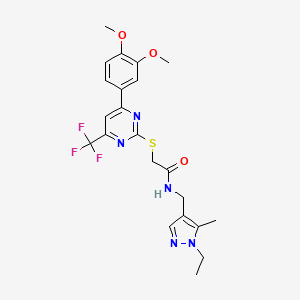 molecular formula C22H24F3N5O3S B11582645 2-{[4-(3,4-dimethoxyphenyl)-6-(trifluoromethyl)pyrimidin-2-yl]sulfanyl}-N-[(1-ethyl-5-methyl-1H-pyrazol-4-yl)methyl]acetamide 