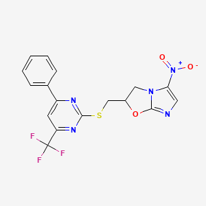 molecular formula C17H12F3N5O3S B11582901 5-Nitro-2-({[4-phenyl-6-(trifluoromethyl)pyrimidin-2-yl]sulfanyl}methyl)-2,3-dihydroimidazo[2,1-b][1,3]oxazole 