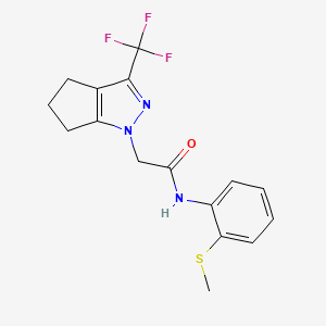 molecular formula C16H16F3N3OS B11583071 N-[2-(methylsulfanyl)phenyl]-2-[3-(trifluoromethyl)-5,6-dihydrocyclopenta[c]pyrazol-1(4H)-yl]acetamide 