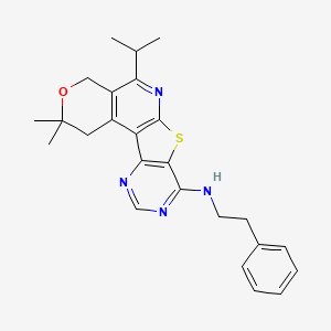 molecular formula C25H28N4OS B11583561 4,4-dimethyl-N-(2-phenylethyl)-8-propan-2-yl-5-oxa-11-thia-9,14,16-triazatetracyclo[8.7.0.02,7.012,17]heptadeca-1(10),2(7),8,12(17),13,15-hexaen-13-amine 