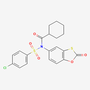 molecular formula C20H18ClNO5S2 B11583874 N-[(4-chlorophenyl)sulfonyl]-N-(2-oxo-1,3-benzoxathiol-5-yl)cyclohexanecarboxamide 