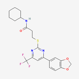 3-{[4-(1,3-benzodioxol-5-yl)-6-(trifluoromethyl)pyrimidin-2-yl]sulfanyl}-N-cyclohexylpropanamide