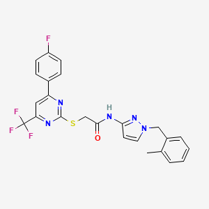 molecular formula C24H19F4N5OS B11585166 2-{[4-(4-fluorophenyl)-6-(trifluoromethyl)pyrimidin-2-yl]sulfanyl}-N-[1-(2-methylbenzyl)-1H-pyrazol-3-yl]acetamide 