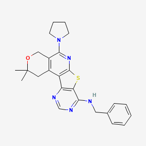 molecular formula C25H27N5OS B11585167 N-benzyl-4,4-dimethyl-8-pyrrolidin-1-yl-5-oxa-11-thia-9,14,16-triazatetracyclo[8.7.0.02,7.012,17]heptadeca-1(10),2(7),8,12(17),13,15-hexaen-13-amine 