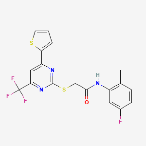 molecular formula C18H13F4N3OS2 B11585170 N-(5-fluoro-2-methylphenyl)-2-{[4-(thiophen-2-yl)-6-(trifluoromethyl)pyrimidin-2-yl]sulfanyl}acetamide 