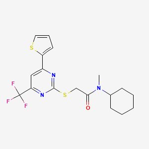 molecular formula C18H20F3N3OS2 B11585226 N-cyclohexyl-N-methyl-2-{[4-(thiophen-2-yl)-6-(trifluoromethyl)pyrimidin-2-yl]sulfanyl}acetamide 