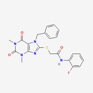 molecular formula C22H20FN5O3S B11585798 2-[(7-benzyl-1,3-dimethyl-2,6-dioxo-2,3,6,7-tetrahydro-1H-purin-8-yl)sulfanyl]-N-(2-fluorophenyl)acetamide 