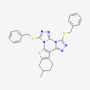 molecular formula C27H24N6S3 B11585812 3,8-bis(benzylsulfanyl)-16-methyl-19-thia-2,4,5,7,9,10-hexazapentacyclo[10.7.0.02,6.07,11.013,18]nonadeca-1(12),3,5,8,10,13(18)-hexaene 