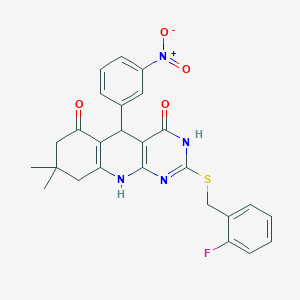 molecular formula C26H23FN4O4S B11585817 2-{[(2-Fluorophenyl)methyl]sulfanyl}-8,8-dimethyl-5-(3-nitrophenyl)-3H,4H,5H,6H,7H,8H,9H,10H-pyrimido[4,5-B]quinoline-4,6-dione 