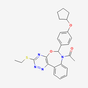 molecular formula C25H26N4O3S B11586405 1-{6-[4-(cyclopentyloxy)phenyl]-3-(ethylsulfanyl)[1,2,4]triazino[5,6-d][3,1]benzoxazepin-7(6H)-yl}ethanone 