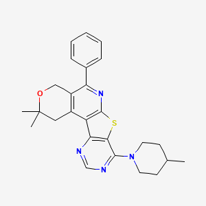 molecular formula C26H28N4OS B11587245 4,4-dimethyl-13-(4-methylpiperidin-1-yl)-8-phenyl-5-oxa-11-thia-9,14,16-triazatetracyclo[8.7.0.02,7.012,17]heptadeca-1(10),2(7),8,12(17),13,15-hexaene 