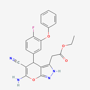 molecular formula C23H19FN4O4 B11587292 Ethyl [6-amino-5-cyano-4-(4-fluoro-3-phenoxyphenyl)-1,4-dihydropyrano[2,3-c]pyrazol-3-yl]acetate 