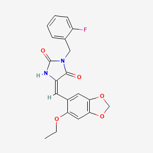 molecular formula C20H17FN2O5 B11588915 (5E)-5-[(6-ethoxy-1,3-benzodioxol-5-yl)methylidene]-3-(2-fluorobenzyl)imidazolidine-2,4-dione 