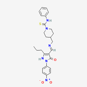 molecular formula C26H30N6O3S B11589273 4-[({(E)-[1-(4-nitrophenyl)-5-oxo-3-propyl-1,5-dihydro-4H-pyrazol-4-ylidene]methyl}amino)methyl]-N-phenylpiperidine-1-carbothioamide 