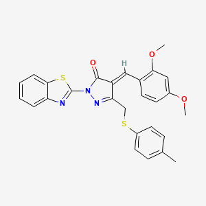 molecular formula C27H23N3O3S2 B11589396 (4E)-2-(1,3-benzothiazol-2-yl)-4-(2,4-dimethoxybenzylidene)-5-{[(4-methylphenyl)sulfanyl]methyl}-2,4-dihydro-3H-pyrazol-3-one 