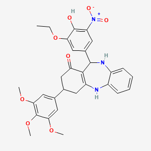 molecular formula C30H31N3O8 B11589837 11-(3-ethoxy-4-hydroxy-5-nitrophenyl)-3-(3,4,5-trimethoxyphenyl)-2,3,4,5,10,11-hexahydro-1H-dibenzo[b,e][1,4]diazepin-1-one 