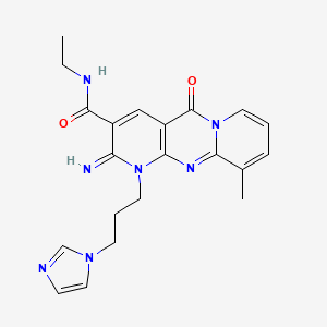 molecular formula C21H23N7O2 B11590430 N-ethyl-7-[3-(1H-imidazol-1-yl)propyl]-6-imino-11-methyl-2-oxo-1,7,9-triazatricyclo[8.4.0.0^{3,8}]tetradeca-3(8),4,9,11,13-pentaene-5-carboxamide 