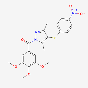 molecular formula C21H21N3O6S B11591817 3,5-Dimethyl-4-((4-nitrophenyl)thio)-1-(3,4,5-trimethoxybenzoyl)-1H-pyrazole 