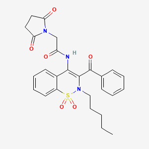 molecular formula C26H27N3O6S B11591996 N-[1,1-dioxido-2-pentyl-3-(phenylcarbonyl)-2H-1,2-benzothiazin-4-yl]-2-(2,5-dioxopyrrolidin-1-yl)acetamide 