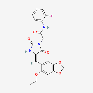 molecular formula C21H18FN3O6 B11592303 2-{(4E)-4-[(6-ethoxy-1,3-benzodioxol-5-yl)methylidene]-2,5-dioxoimidazolidin-1-yl}-N-(2-fluorophenyl)acetamide 