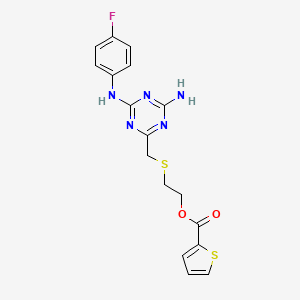 molecular formula C17H16FN5O2S2 B11592594 2-[({4-Amino-6-[(4-fluorophenyl)amino]-1,3,5-triazin-2-yl}methyl)sulfanyl]ethyl thiophene-2-carboxylate 