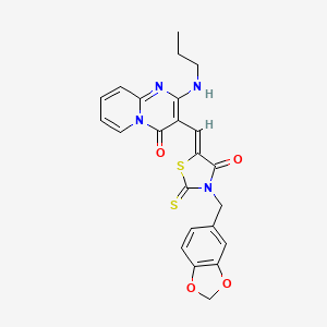 molecular formula C23H20N4O4S2 B11592759 3-{(Z)-[3-(1,3-benzodioxol-5-ylmethyl)-4-oxo-2-thioxo-1,3-thiazolidin-5-ylidene]methyl}-2-(propylamino)-4H-pyrido[1,2-a]pyrimidin-4-one 