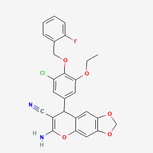 molecular formula C26H20ClFN2O5 B11592796 6-amino-8-{3-chloro-5-ethoxy-4-[(2-fluorobenzyl)oxy]phenyl}-8H-[1,3]dioxolo[4,5-g]chromene-7-carbonitrile 