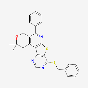 13-benzylsulfanyl-4,4-dimethyl-8-phenyl-5-oxa-11-thia-9,14,16-triazatetracyclo[8.7.0.02,7.012,17]heptadeca-1(10),2(7),8,12(17),13,15-hexaene