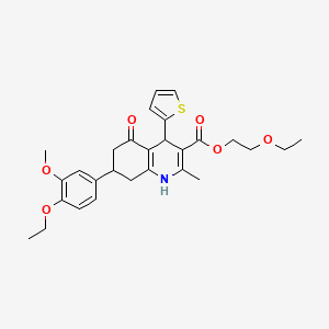 2-Ethoxyethyl 7-(4-ethoxy-3-methoxyphenyl)-2-methyl-5-oxo-4-(thiophen-2-yl)-1,4,5,6,7,8-hexahydroquinoline-3-carboxylate