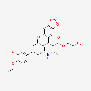 molecular formula C30H33NO8 B11593931 2-Methoxyethyl 4-(1,3-benzodioxol-5-yl)-7-(4-ethoxy-3-methoxyphenyl)-2-methyl-5-oxo-1,4,5,6,7,8-hexahydroquinoline-3-carboxylate 