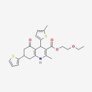 molecular formula C24H27NO4S2 B11594218 2-Ethoxyethyl 2-methyl-4-(5-methylthiophen-2-yl)-5-oxo-7-(thiophen-2-yl)-1,4,5,6,7,8-hexahydroquinoline-3-carboxylate 