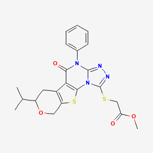 methyl 2-[(8-oxo-7-phenyl-12-propan-2-yl-13-oxa-16-thia-2,4,5,7-tetrazatetracyclo[7.7.0.02,6.010,15]hexadeca-1(9),3,5,10(15)-tetraen-3-yl)sulfanyl]acetate